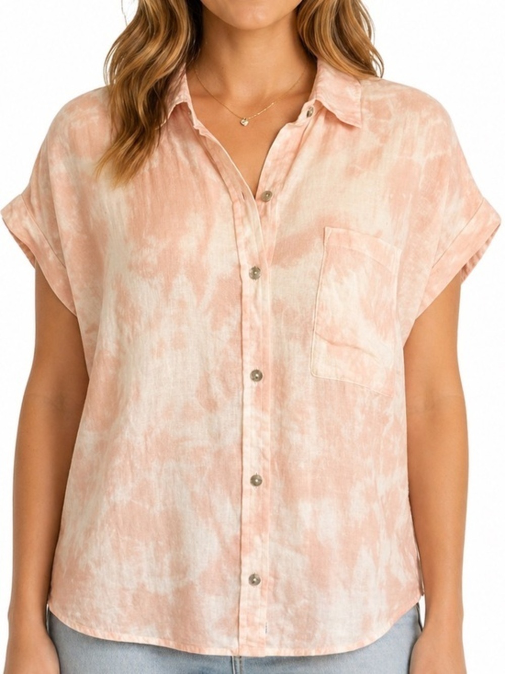 Rails Women’s Whitney Peach Pink Tie Dye Linen Blend Button Front Shirt Top L